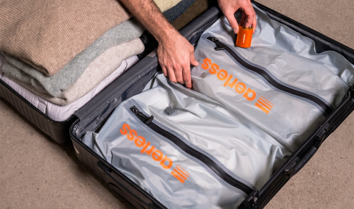 Packing clothes into suitcase using Aerless compression bags