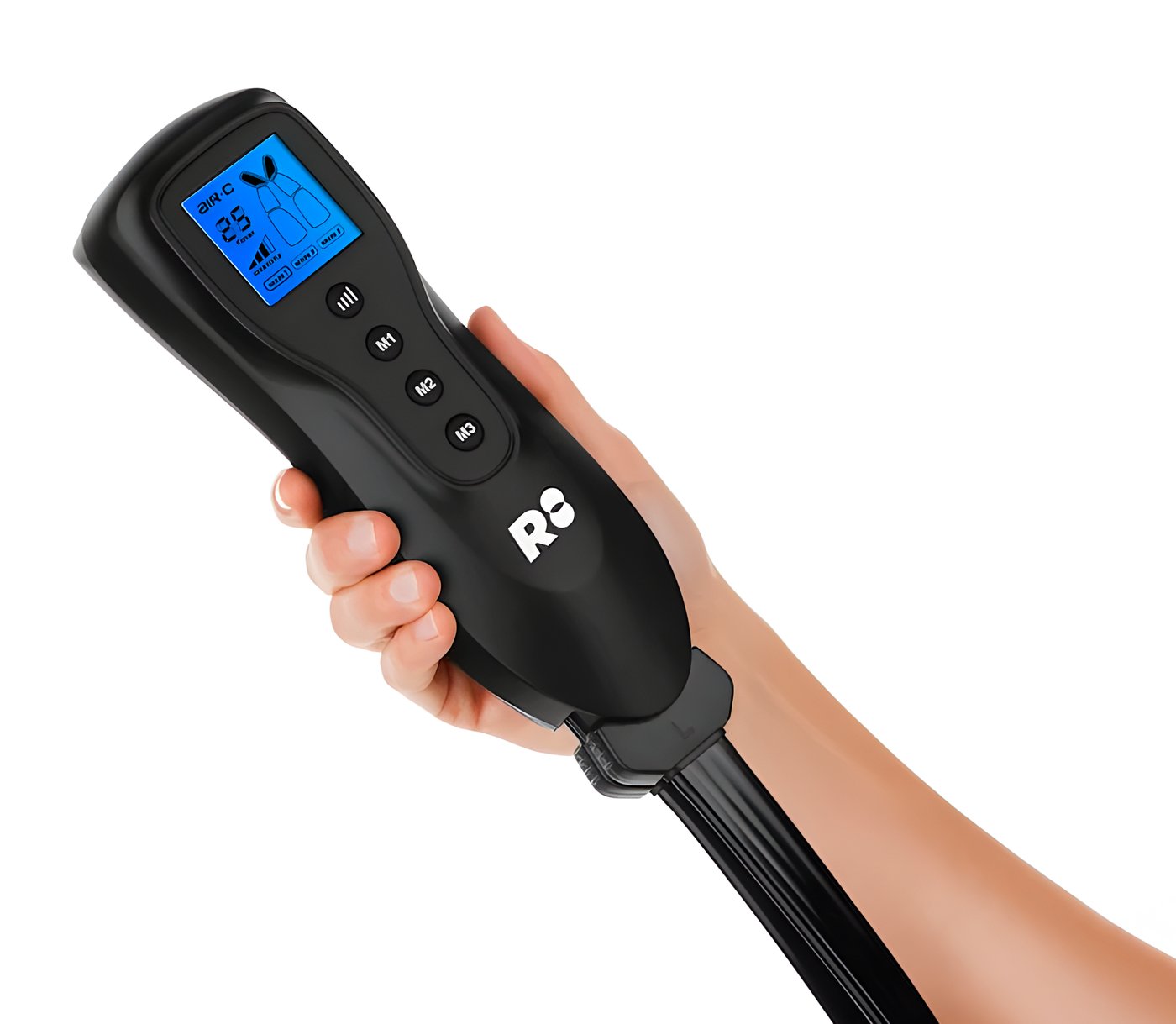 Person using Air-C leg massager on a bed with remote in hand