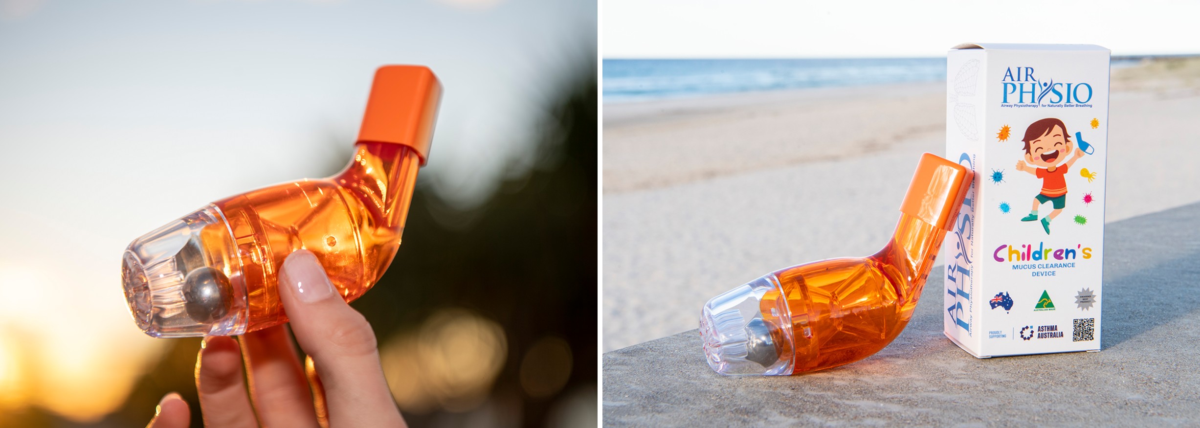Hand holding AirPhysio Children's device and its packaging on a beach
