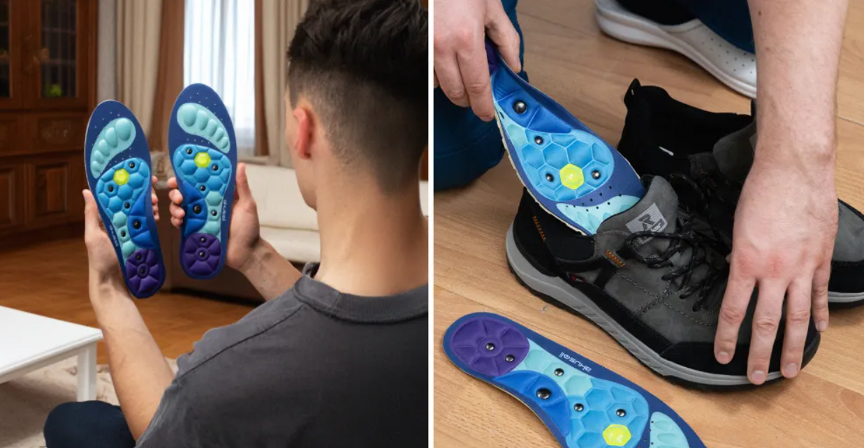 Placing Akusoli insoles into shoes in a real-life setting