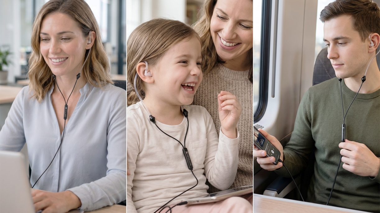 Collage of people using SafeSleeve Air-Tube Headphones in daily life