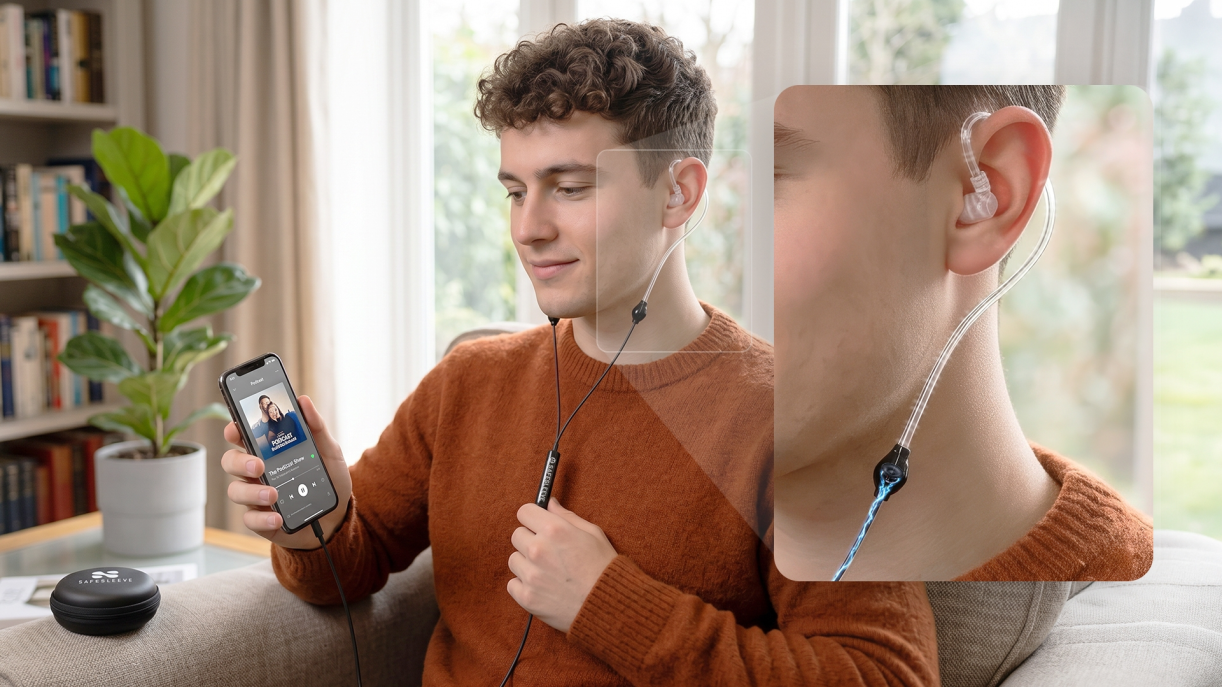 Person using SafeSleeve Air-Tube Headphones with close-up of earbud in ear
