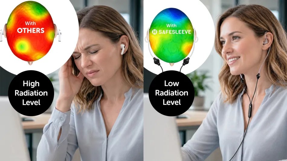 SafeSleeve earphones above media outlet logos