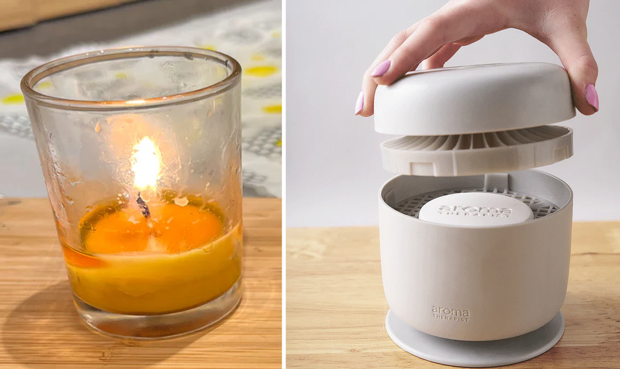 Comparison of burning candle and AromaAmplifier being opened