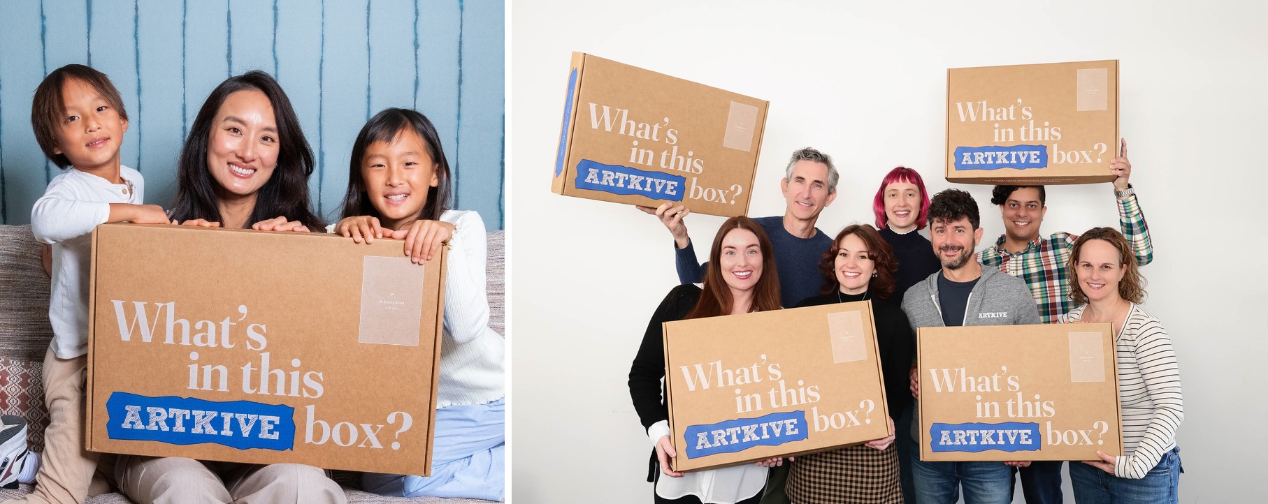 Artkive starter kit box shown with family and group holding boxes