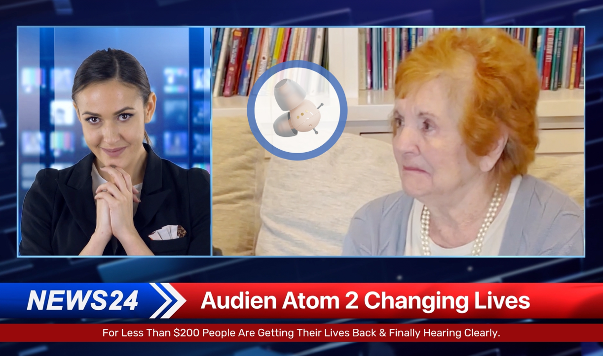 News broadcast screenshot featuring a woman, a hearing aid image, and a news ticker with claims