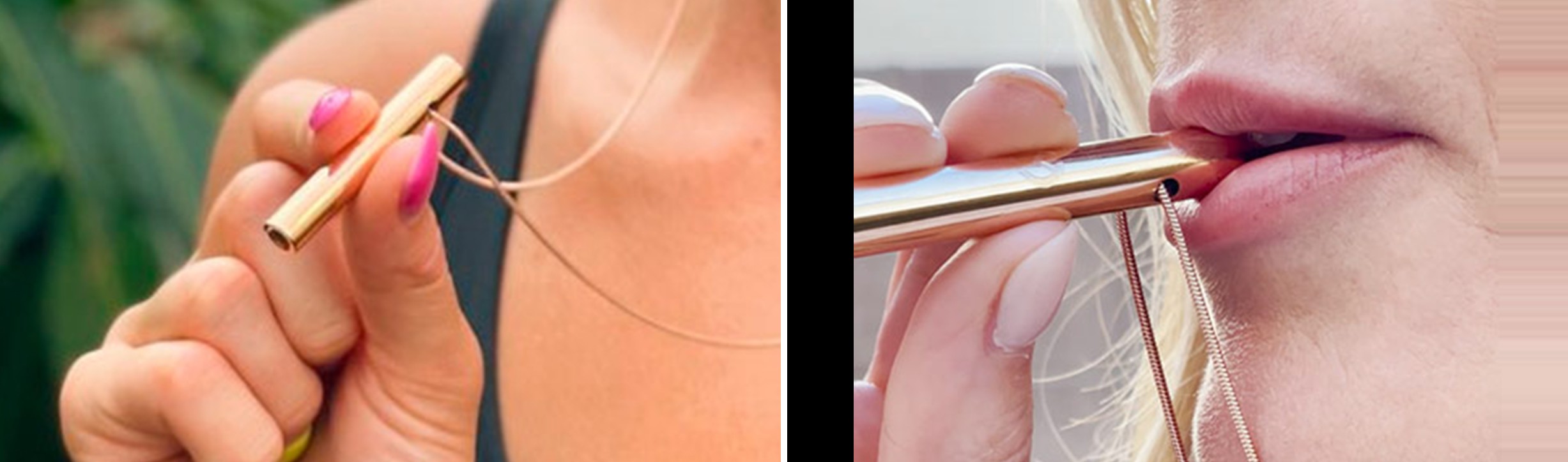 Two close-up views of the Moksha Beam pendant being held and used