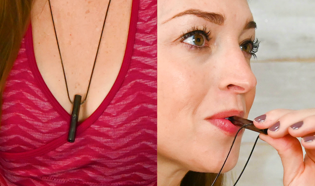Split image: woman wearing Moksha Beam and another using it