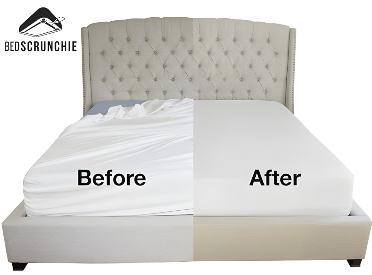 Side-by-side before and after comparison of a bed with and without Bed Scrunchie