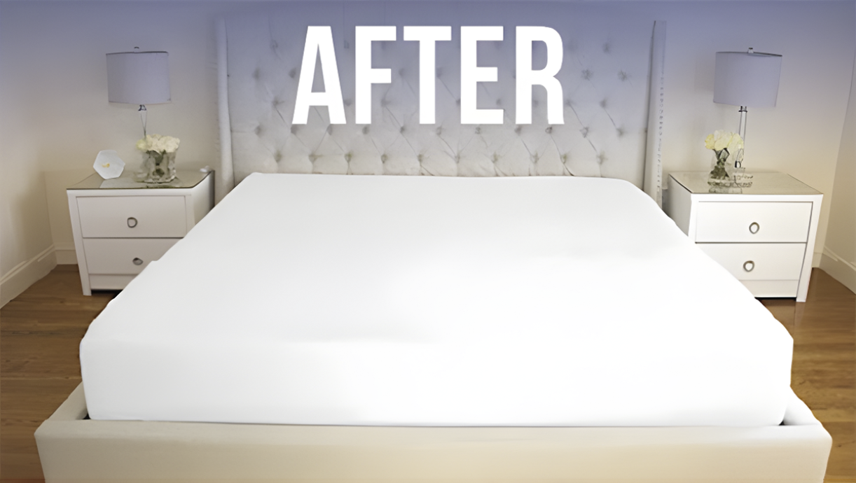Perfectly made bed with 'AFTER' text above it