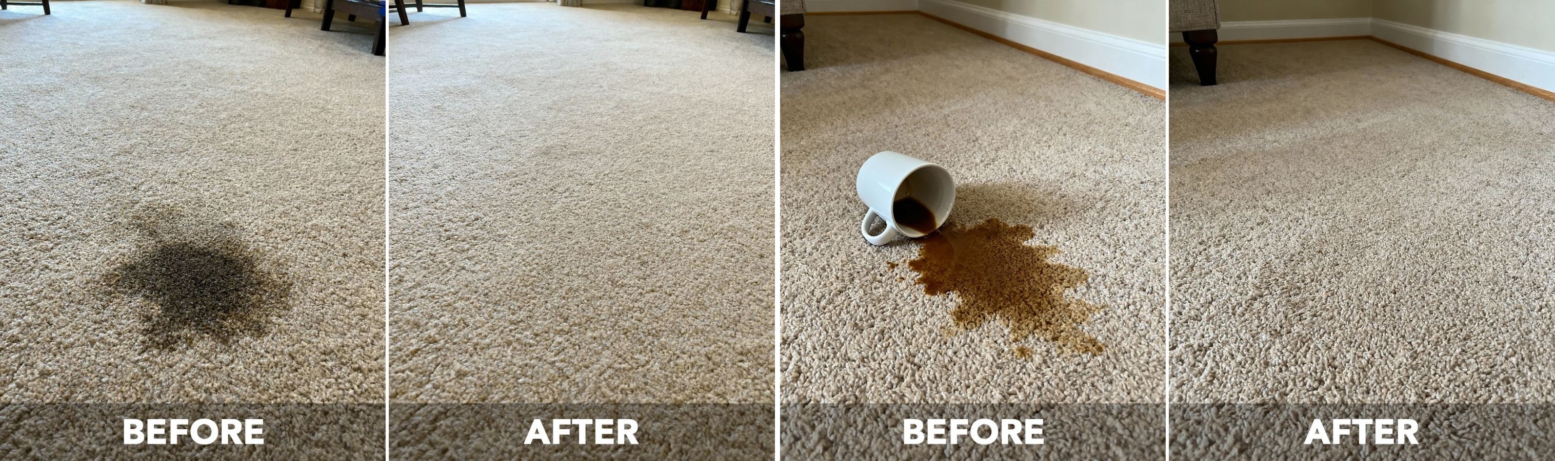 Side-by-side before and after images of carpet stains removed with Campanelli