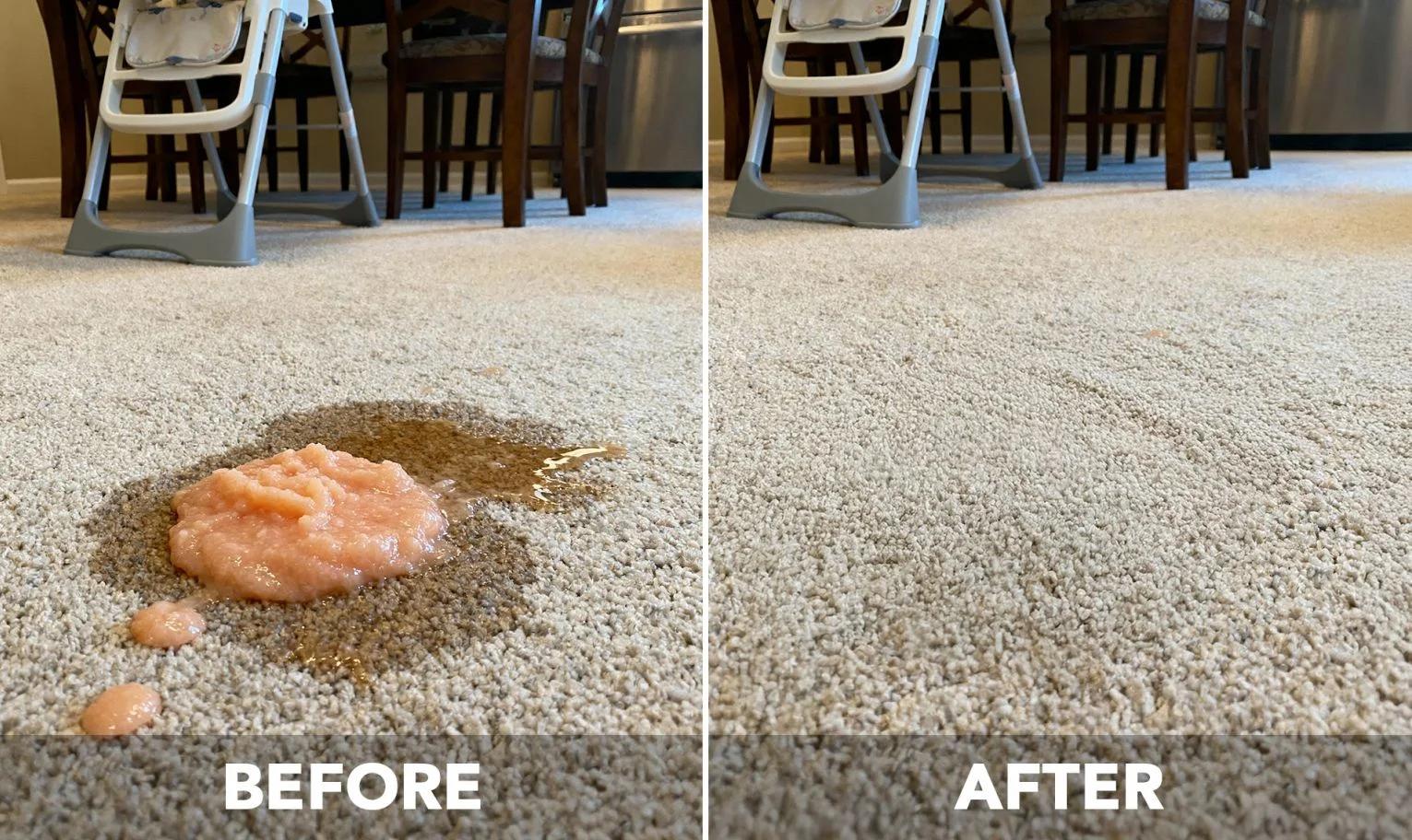 Side-by-side before and after images of a carpet with a food spill and a clean result