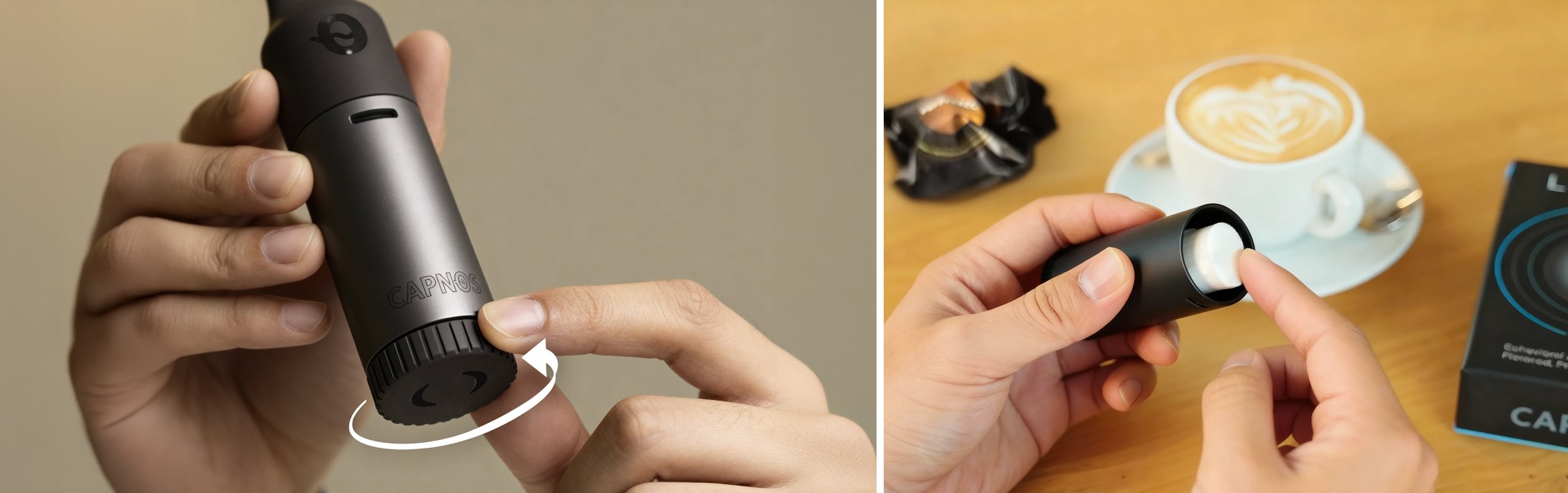 Twisting the Capnos Legura base and opening the device to reveal its interior