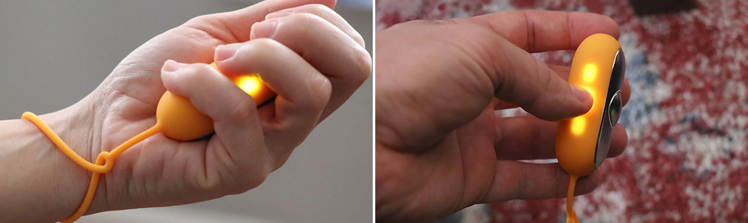 Two close-up views of the Chill Pill device being gripped and operated