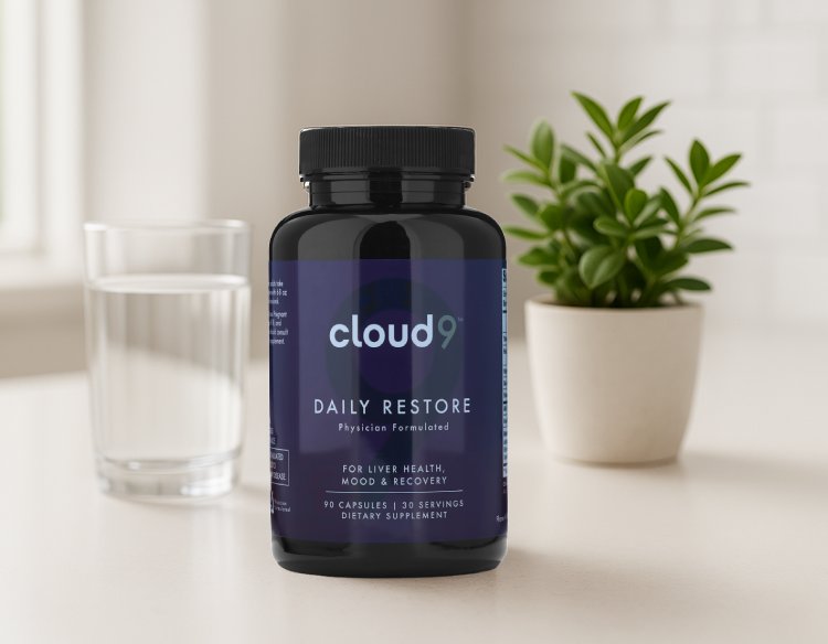 Cloud9 Daily Restore bottle with listed benefits