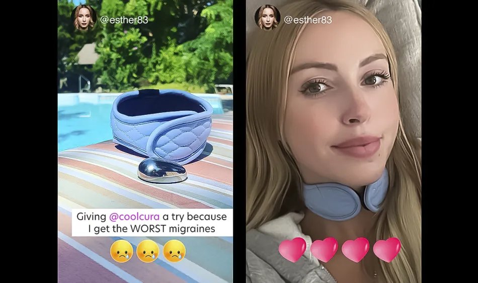 Instagram story screenshots of a customer trying CoolCura poolside and wearing the neckband, captioned about trying it for migraines