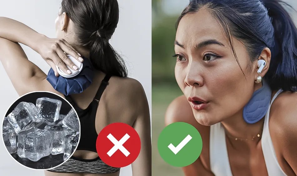 Comparison image of a woman holding a melting ice pack against her neck versus a woman wearing the CoolCura neckband while exercising outdoors
