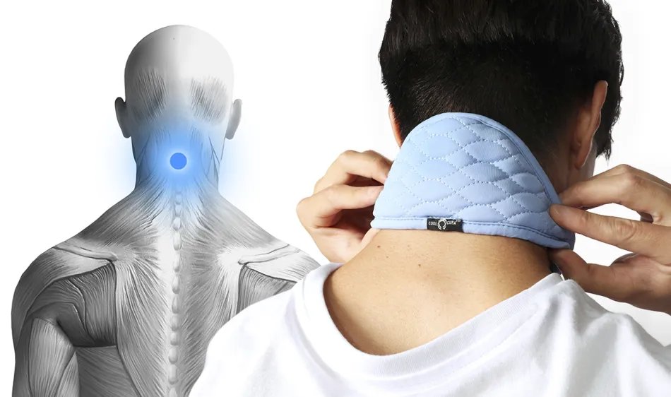 Anatomical diagram highlighting the Feng Fu pressure point at the base of the skull, next to a photo of someone fastening the CoolCura neckband