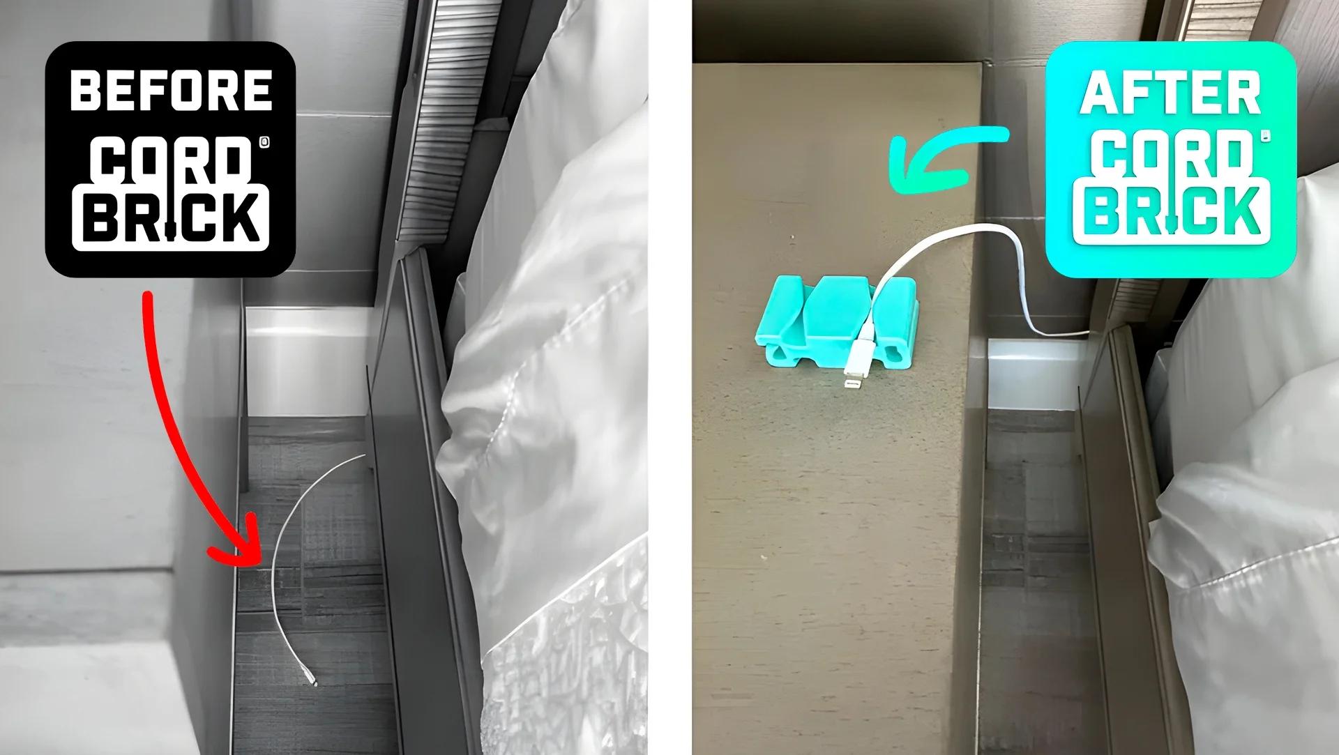Before-and-after comparison of cords on floor versus organized with CordBrick