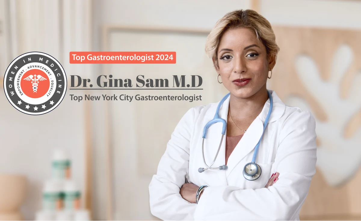 Dr. Gina Sam, gastroenterologist, with badge and credentials overlay