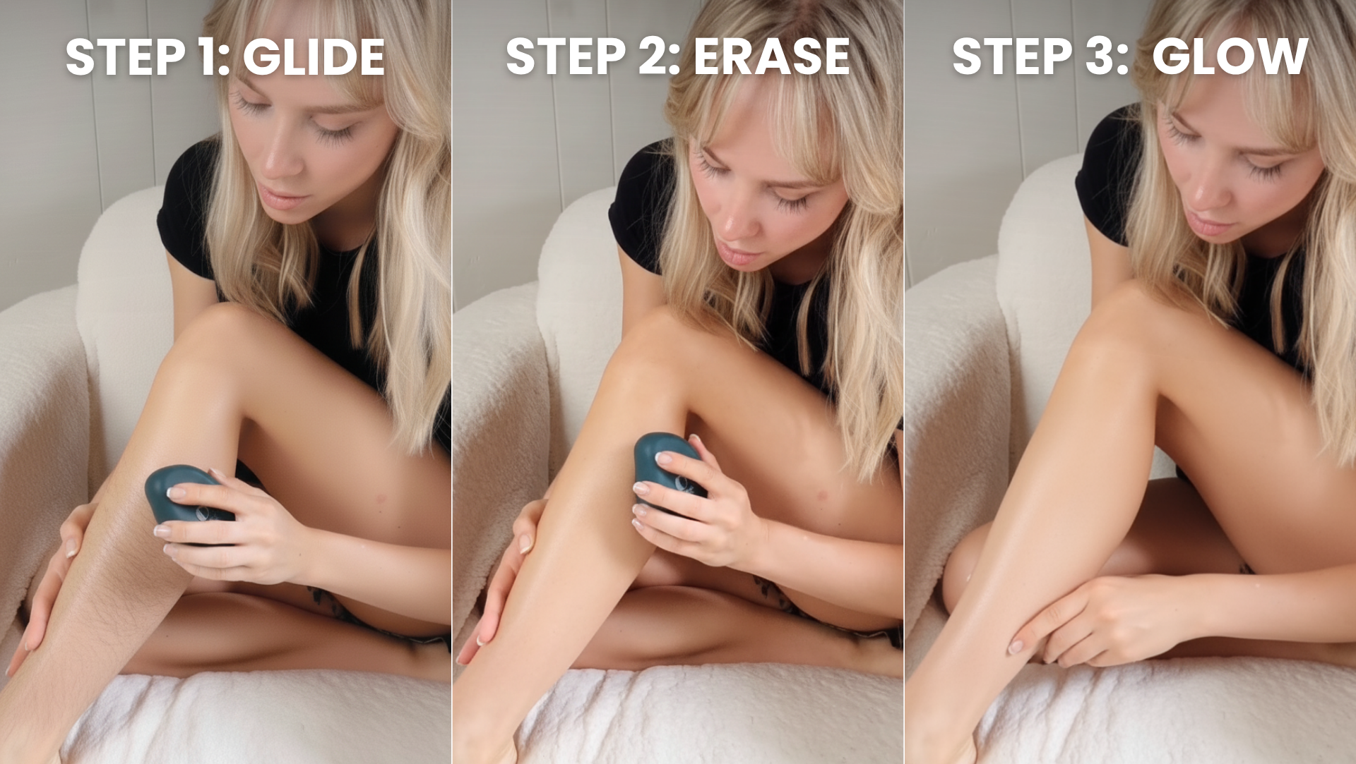 A woman demonstrating the three steps of using the Erasilk device on her legs