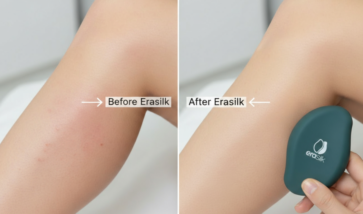 Close-up before and after comparison of skin using the Erasilk device