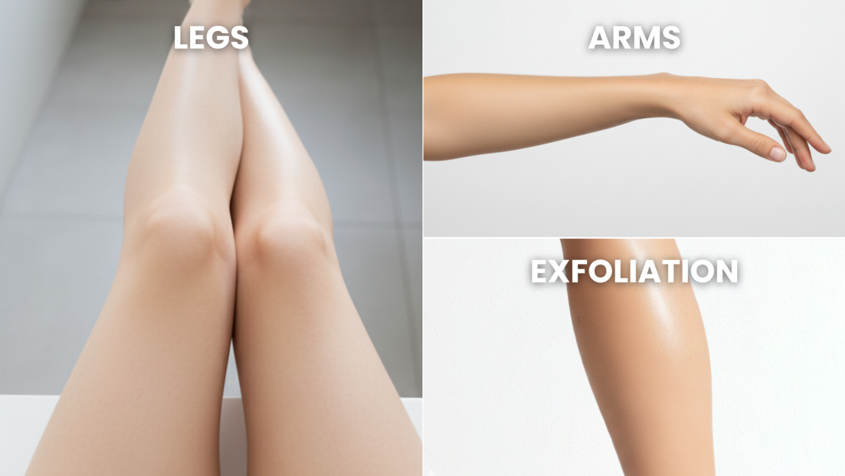 Three labeled images showing smooth legs, arm, and exfoliated skin.