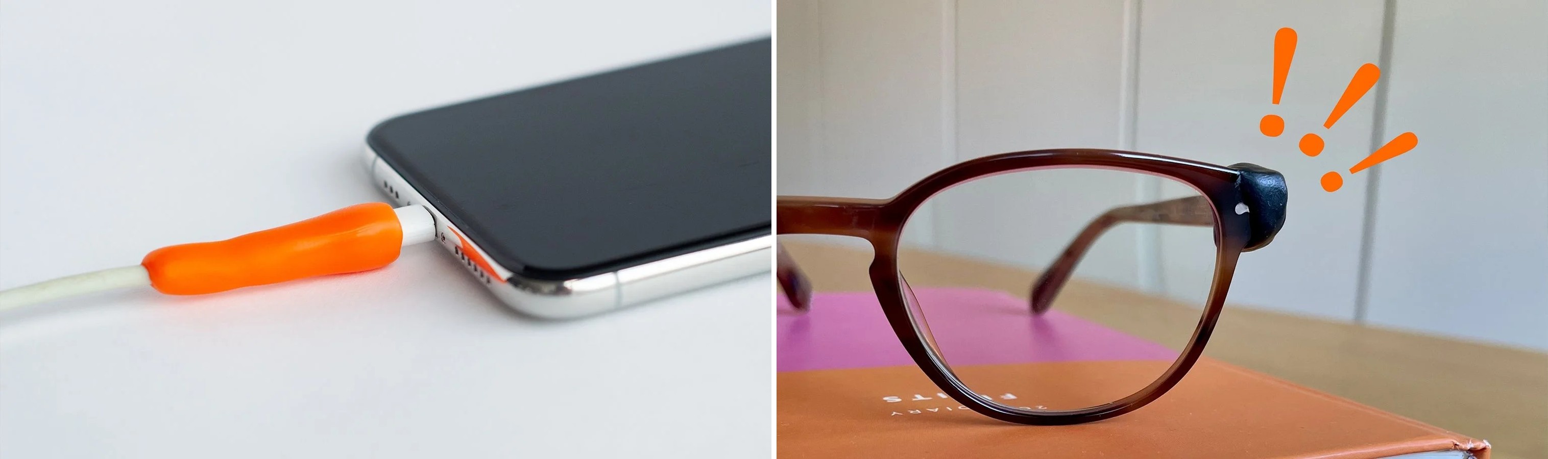 FixIts used to repair both a phone charging cable and eyeglasses