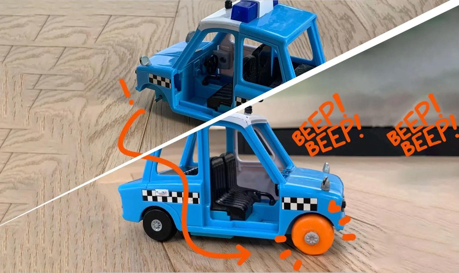 A toy car with the product used to repair or replace a wheel, shown before and after