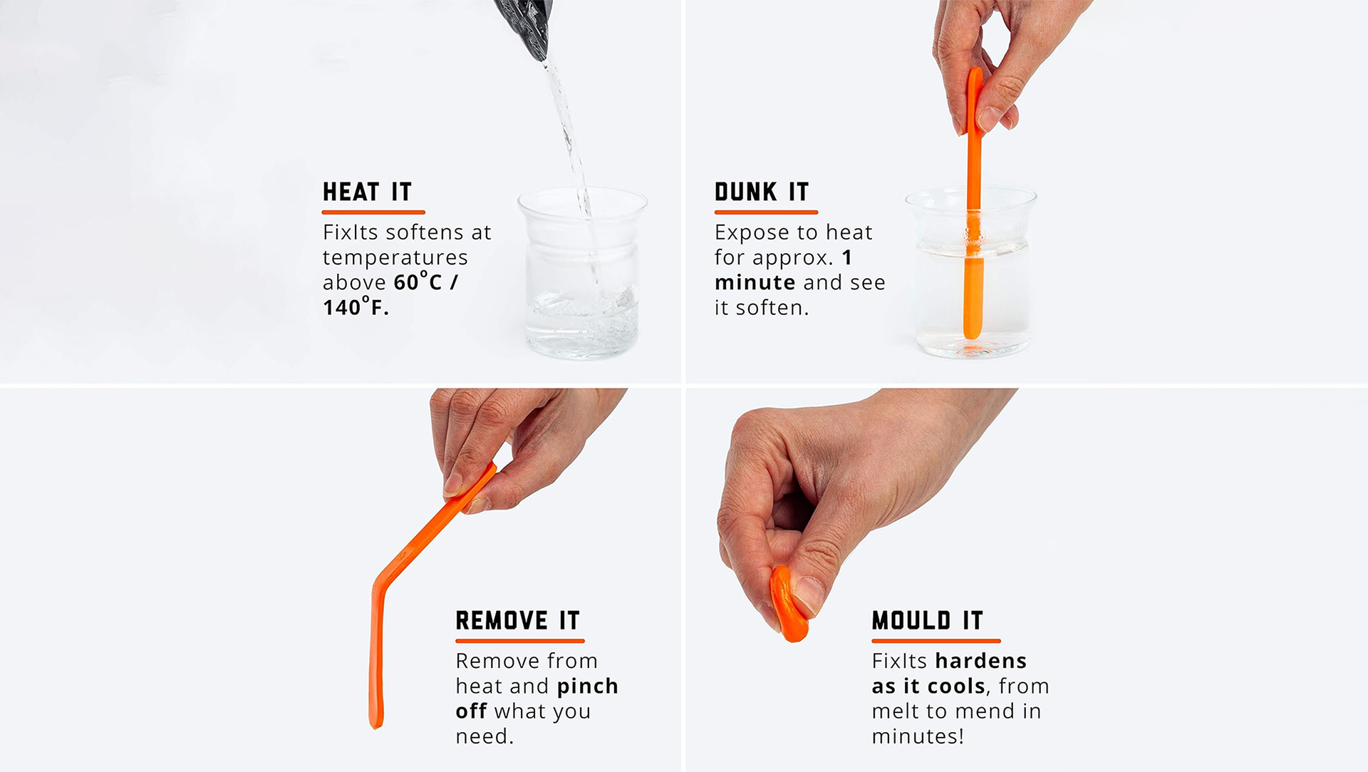 Step-by-step diagram showing how to heat, soften, shape, and mould the FixIts stick