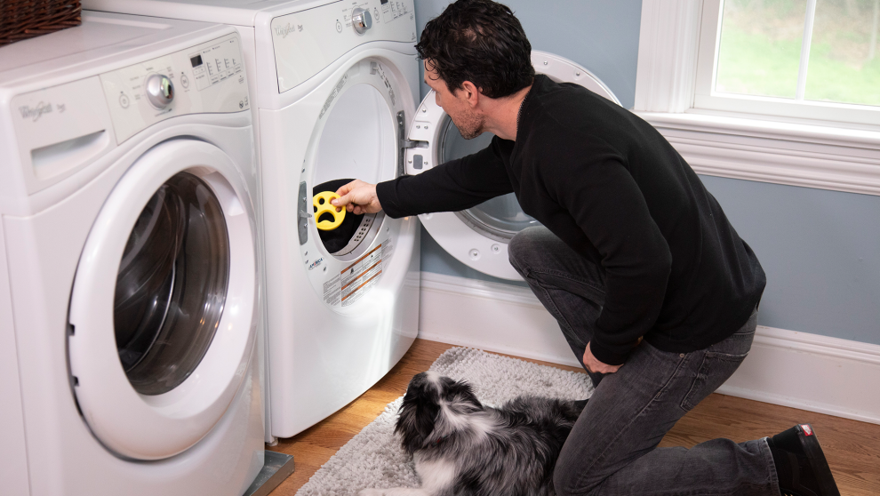 Man placing FurZapper into a washing machine with a dog watching