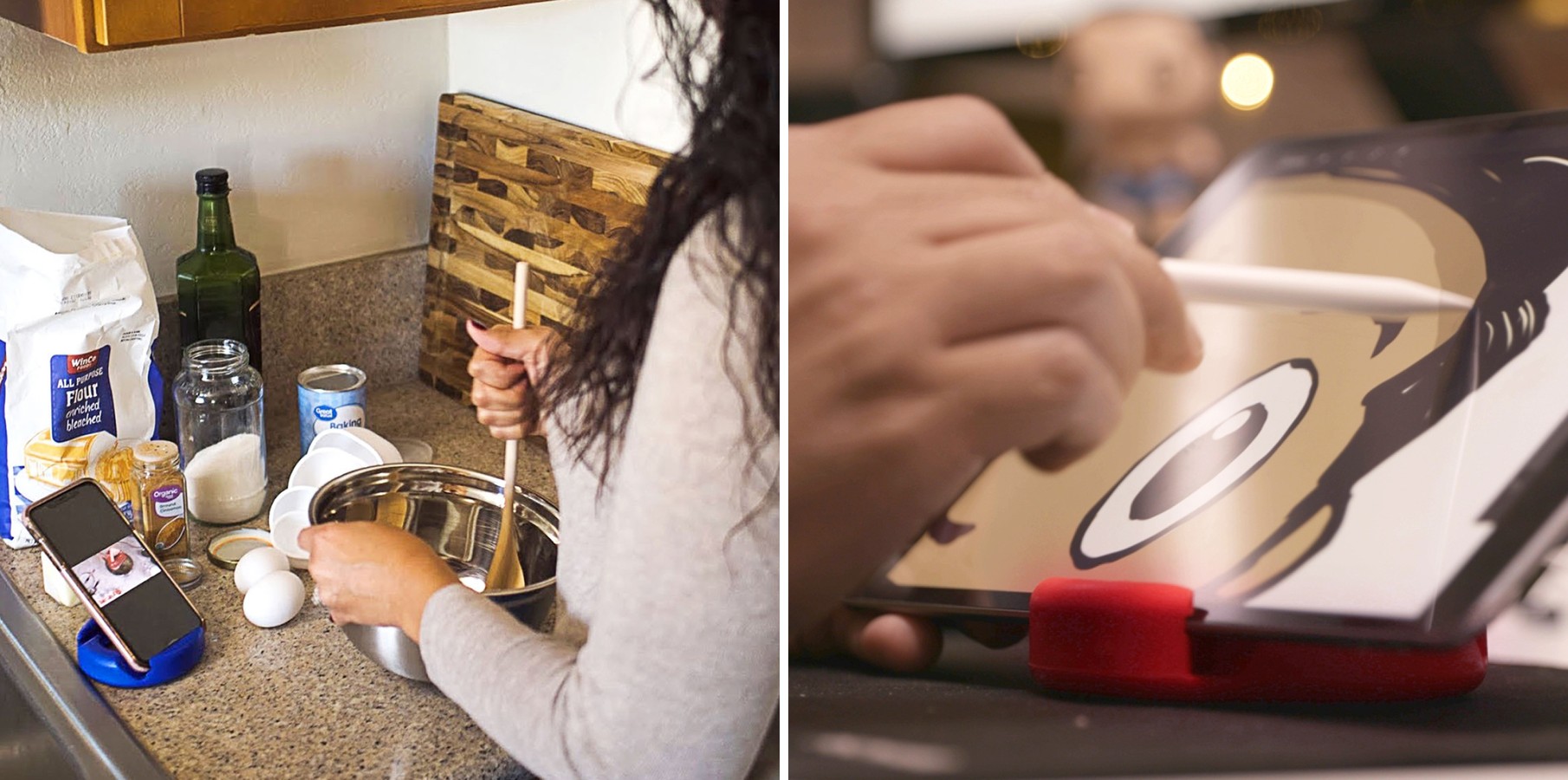 GoDonut stand in use in a kitchen and holding a tablet for drawing