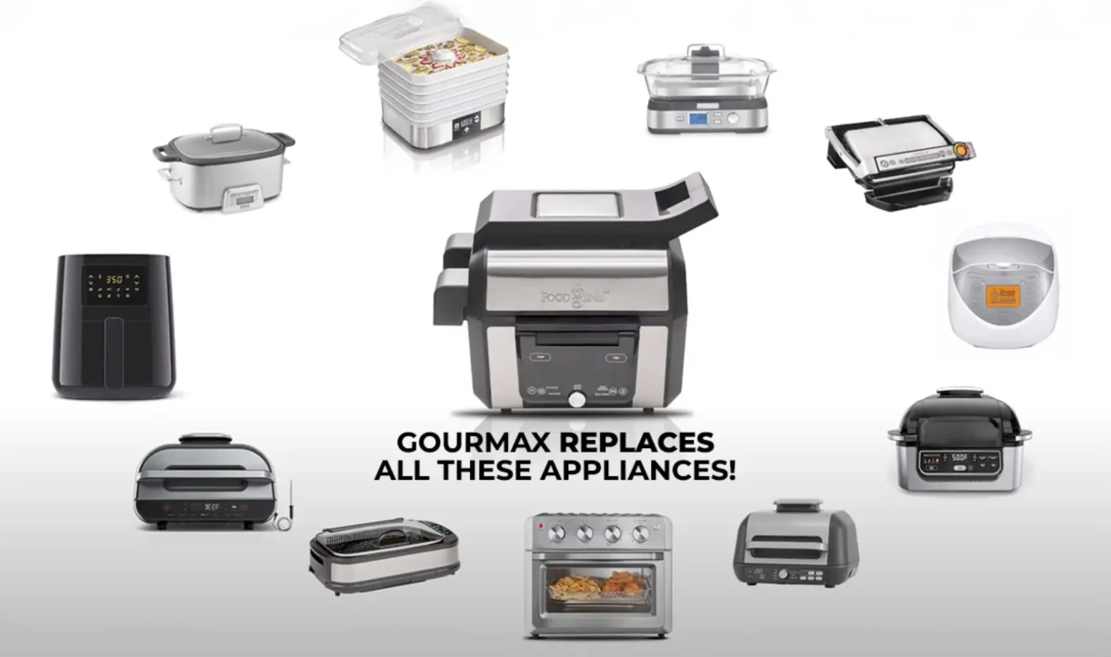Graphic showing the appliance in the center with various other kitchen appliance