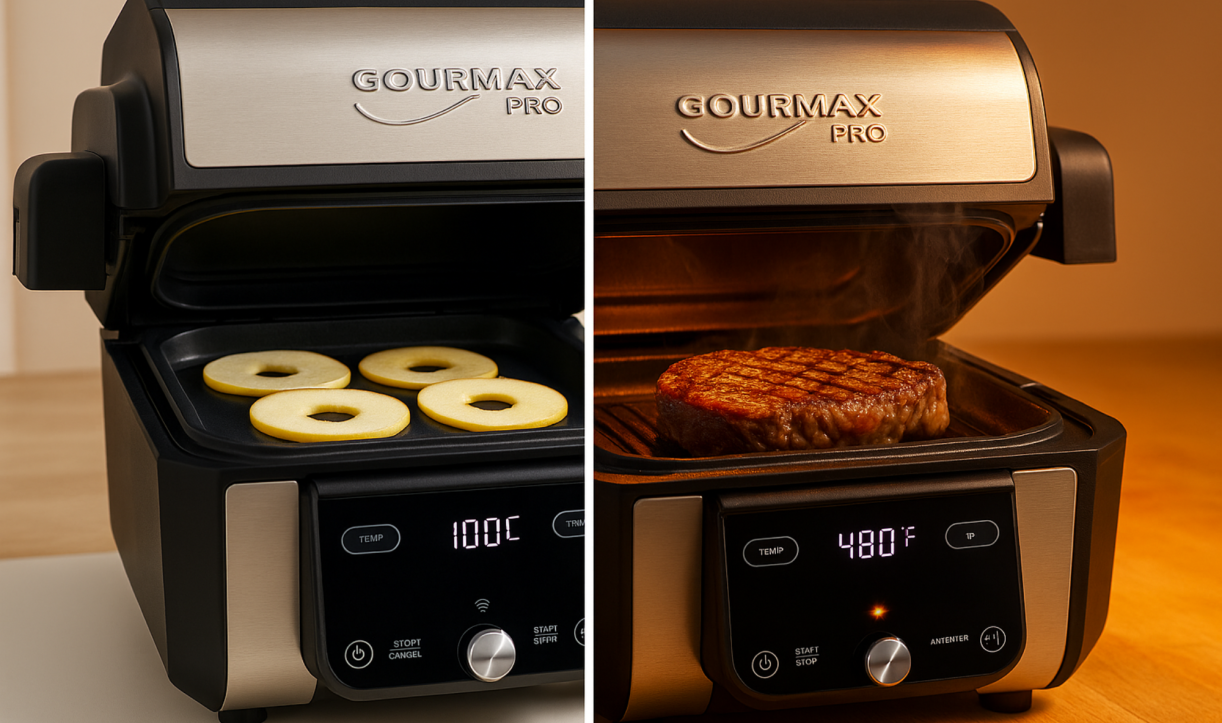 Split image showing Gourmax Pro cooking at low and high temperatures