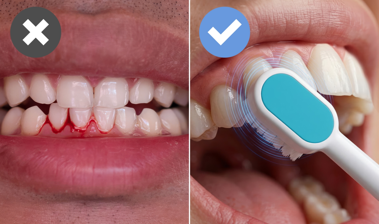Close-up of an electric toothbrush head being rinsed under running water