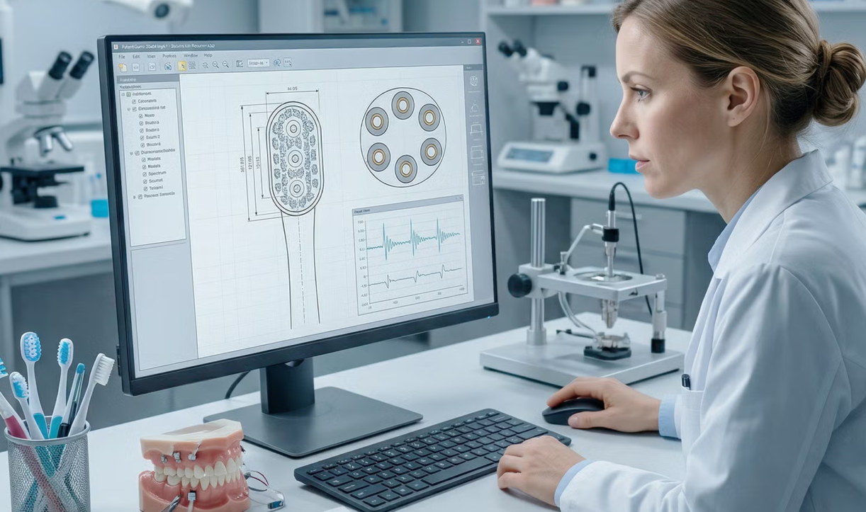 Scientist analyzing toothbrush design on a computer in a lab