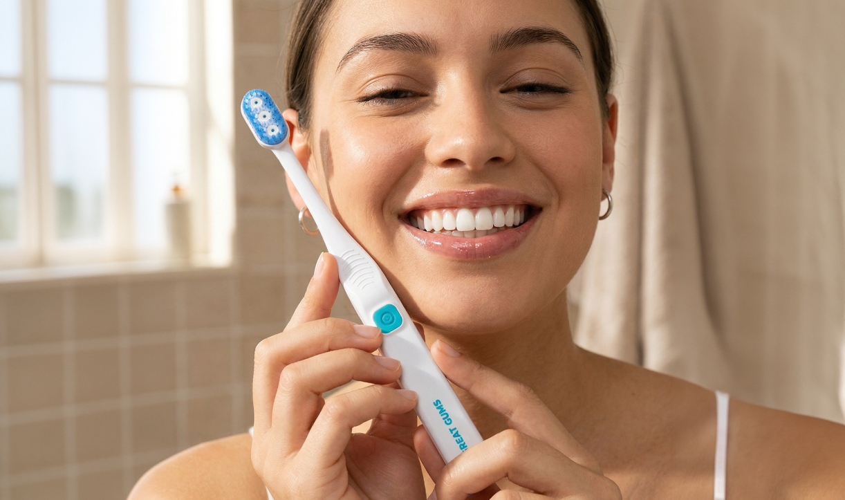 A person smiling and holding an electric toothbrush close to their face in a bathroom setting