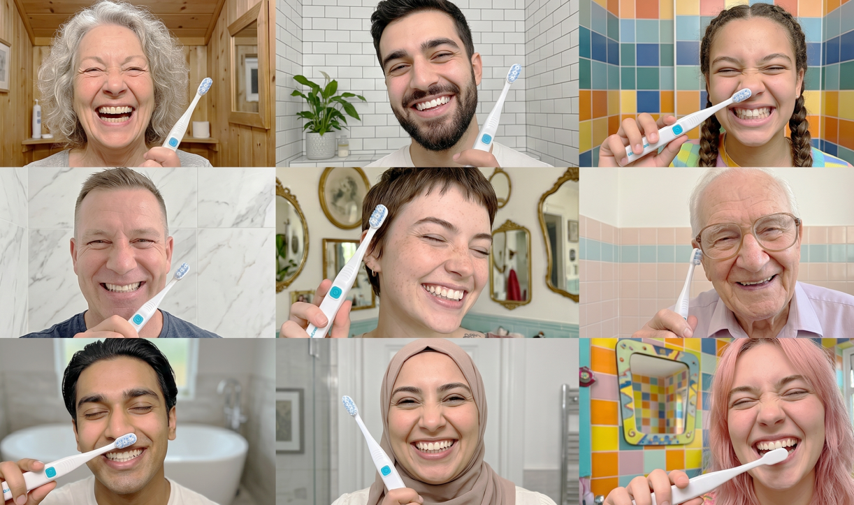 Collage of diverse people smiling and holding or using the electric toothbrush