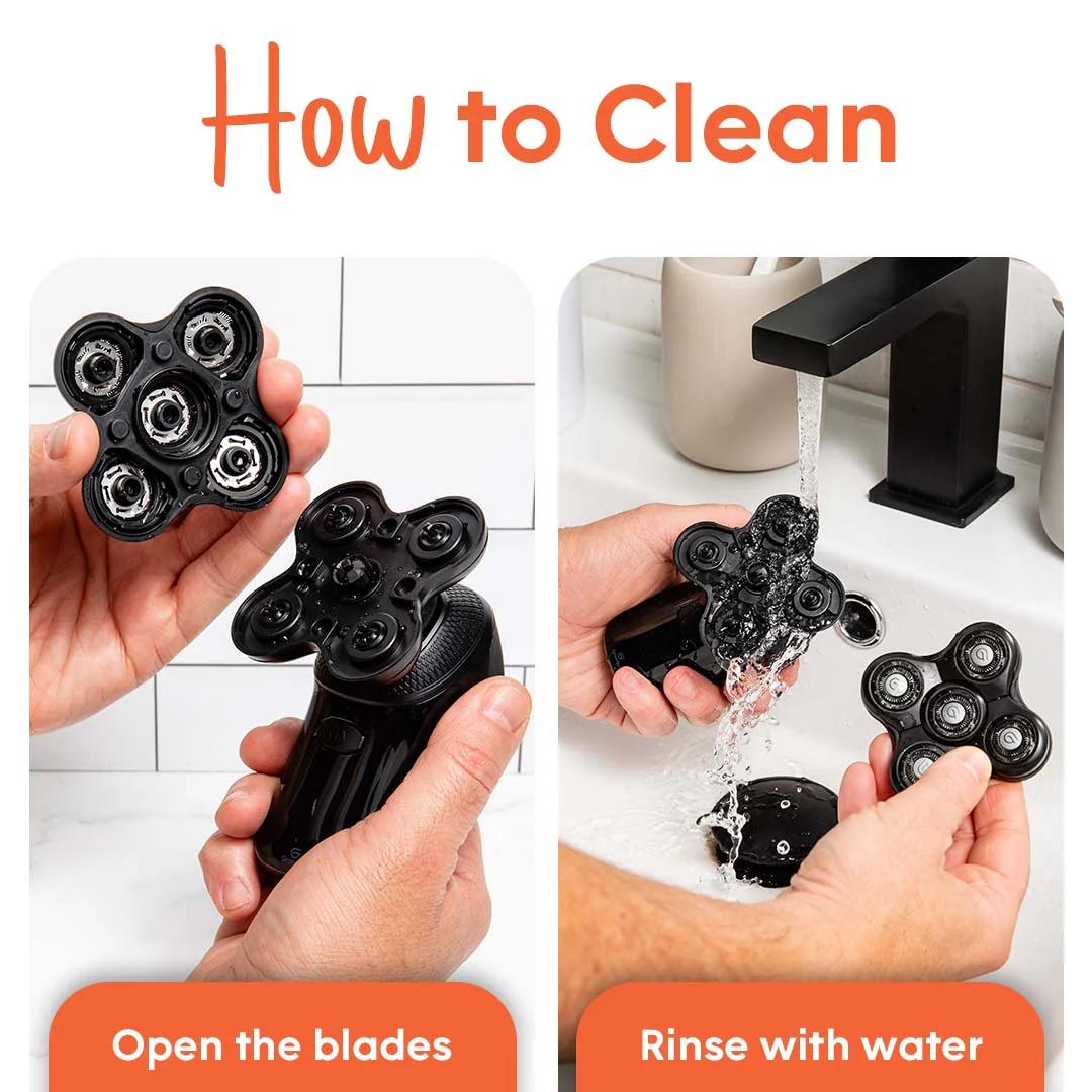 Step-by-step illustration showing how to open and rinse the Groomie shaver blades under a faucet