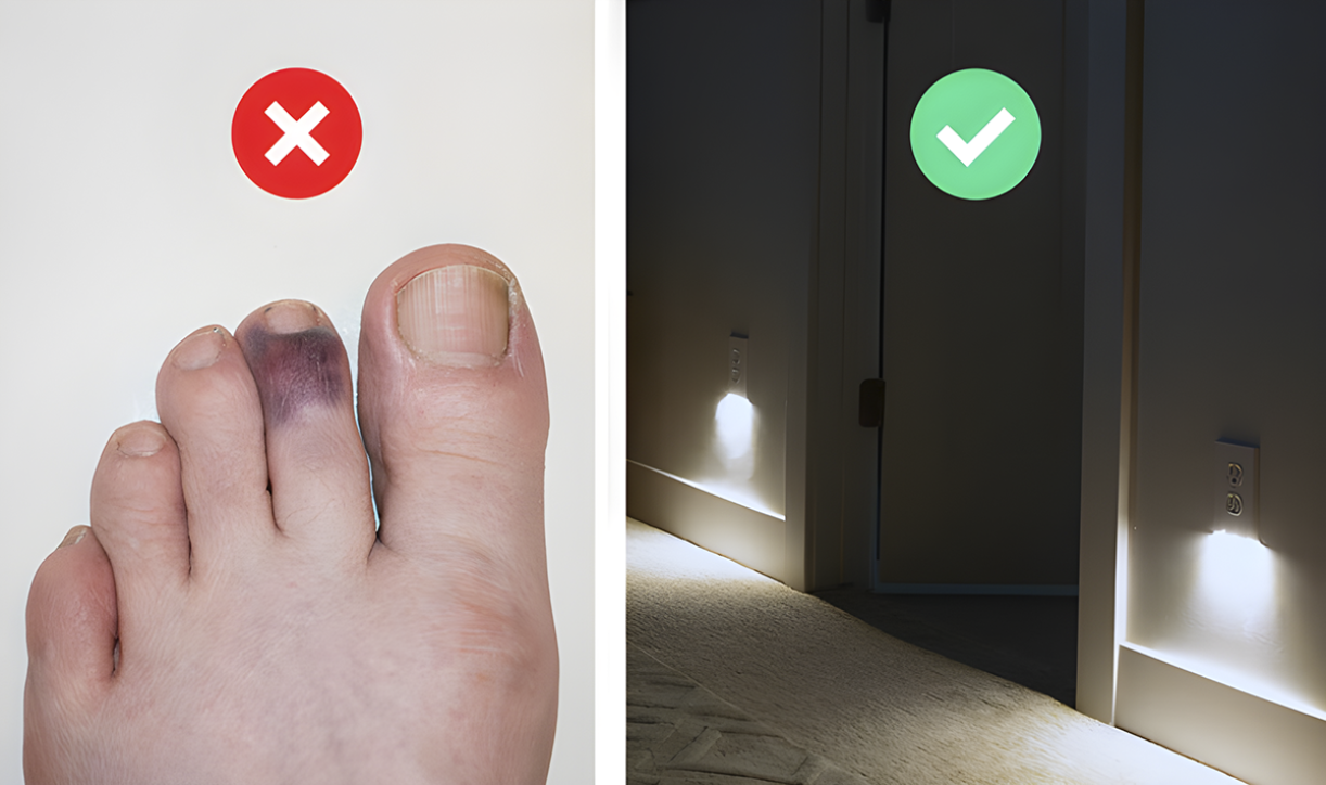 Comparison of stubbed toe vs. safe hallway with GuideLight night lights