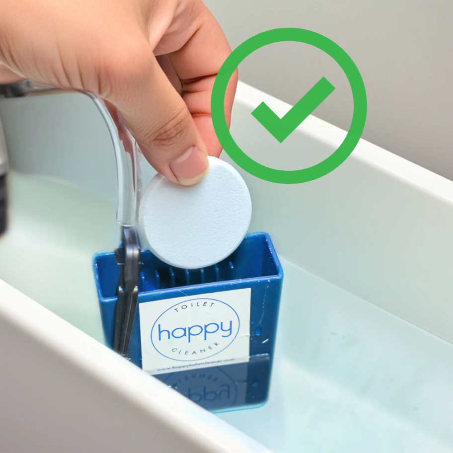 Hand holding a cleaning tablet in front of a toilet