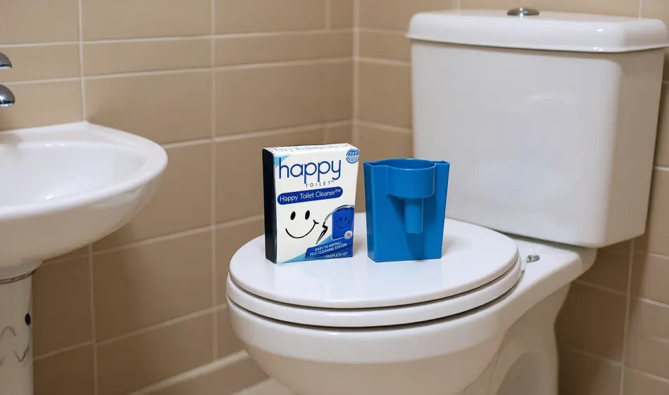 Happy Toilet Cleaner device and tube on plain background