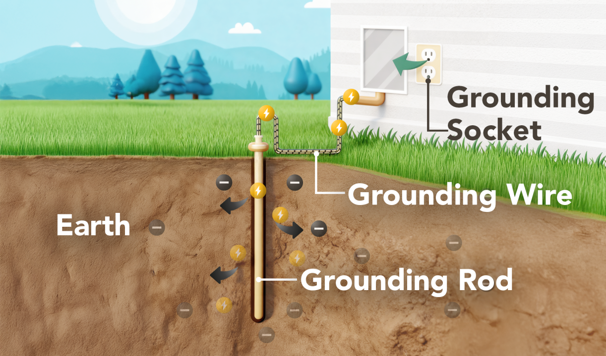 Diagram showing how a grounding rod and wire connect a house socket to the earth