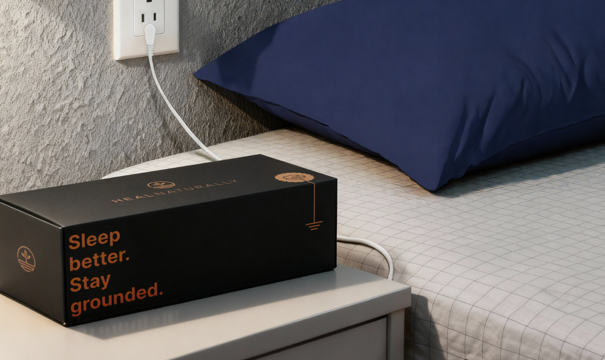 Grounding sheet set up on a bed with branded box on the nightstand