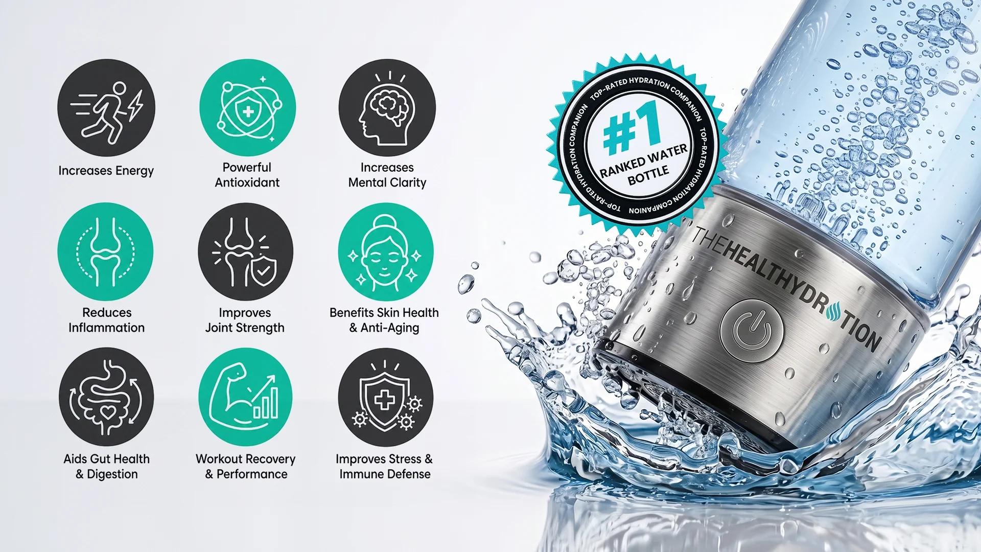 Graphic listing benefits and features of the hydrogen water bottle with #1 Ranked badge