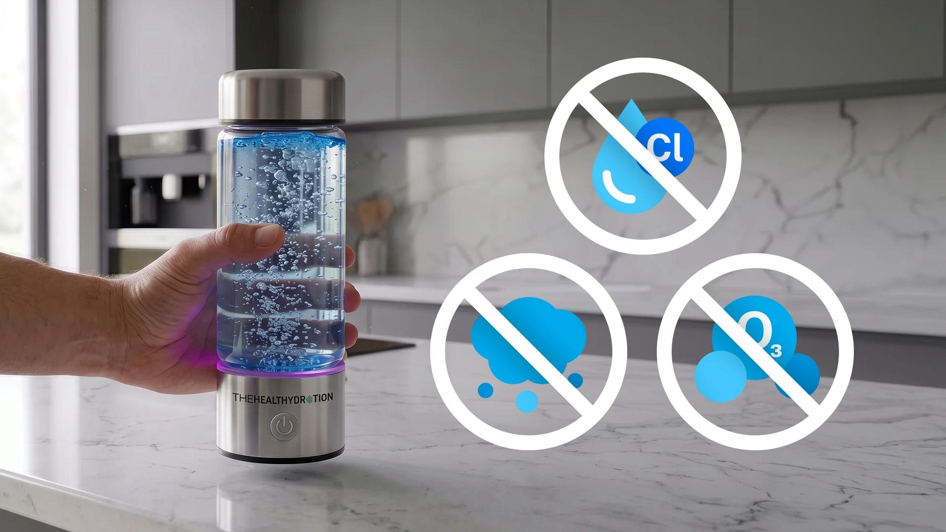 Hand holding the hydrogen water bottle with icons showing what is not included in the water