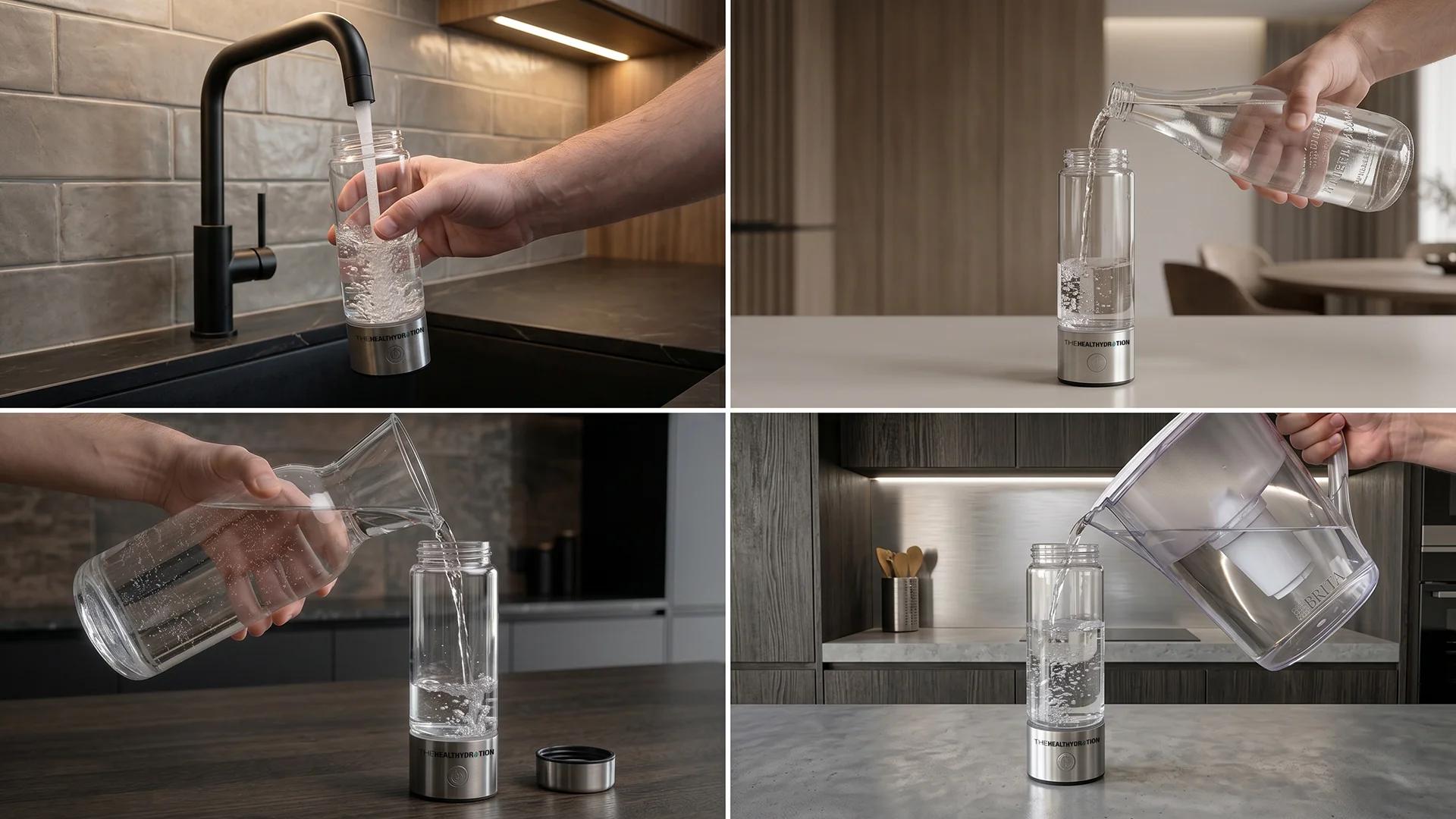 Four images showing different ways of filling the hydrogen water bottle