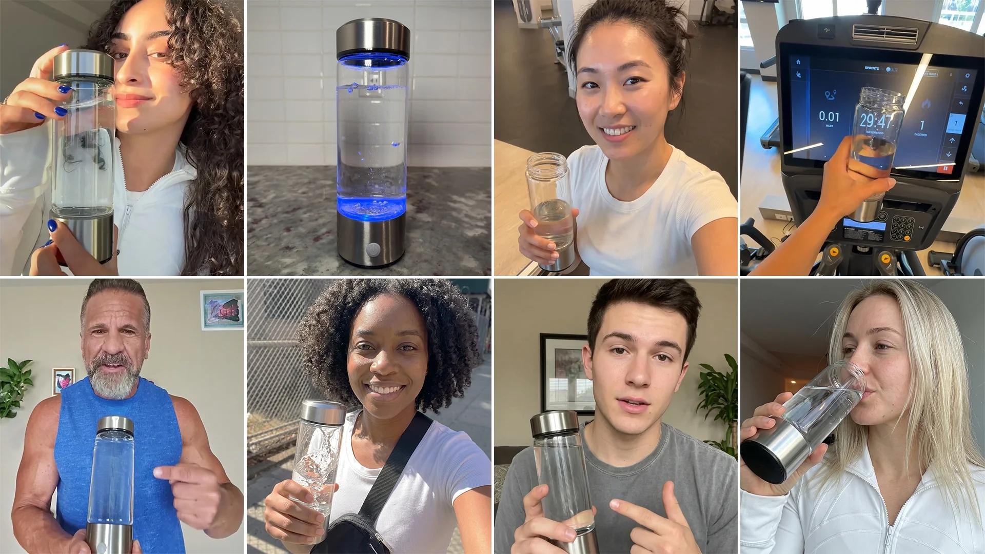 Collage of people holding and using the hydrogen water bottle in various settings