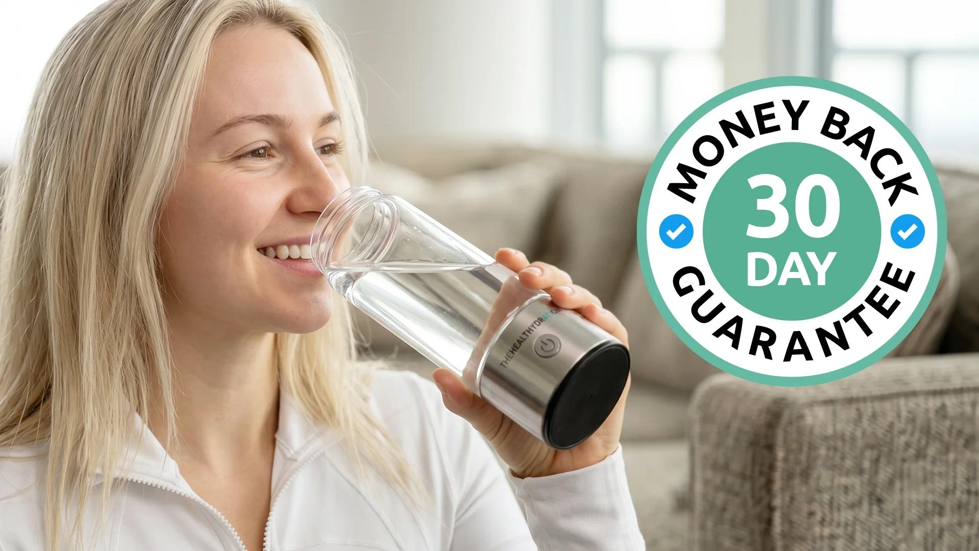 Woman smiling and drinking from a hydrogen water bottle next to a 30 Day Money Back Guarantee badge