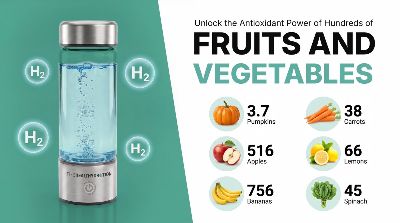 Graphic comparing antioxidant power of the water bottle to fruits and vegetables